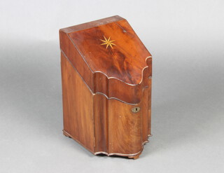 A Georgian inlaid mahogany knife box of serpentine outline, raised on bracket feet  37cm x 23cm x 30cm 