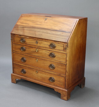 A Georgian bleached mahogany bureau, the fall front revealing a well fitted interior above 4 drawers, raised on bracket feet 103cm h x 96cm w x 52cm d 