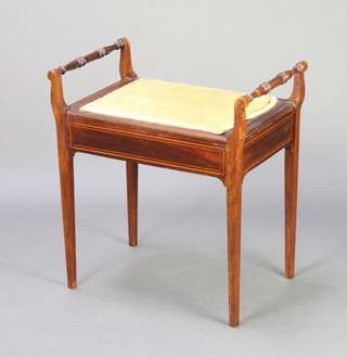 An Edwardian inlaid mahogany box seat piano stool raised on square tapered supports 60cm x 56cm x 36cm 