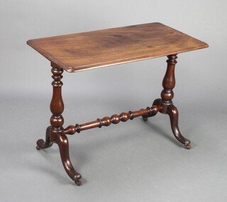 A Victorian rectangular mahogany stretcher table raised on a turned column with H framed stretcher 70cm h x 92cm w x 48cm 