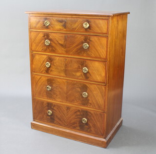 An Edwardian inlaid mahogany chest of 5 long graduated drawers with brass escutcheons and ring drop handles, raised on a platform base 124cm h x 86cm w x 55cm d 