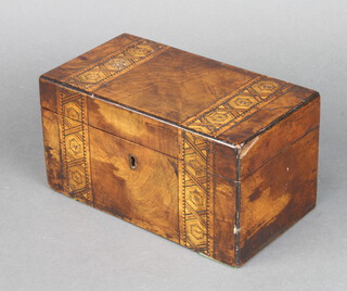 A Victorian inlaid walnut twin compartment tea caddy with hinged lid 12cm h x 22.5cm w x 12cm d 