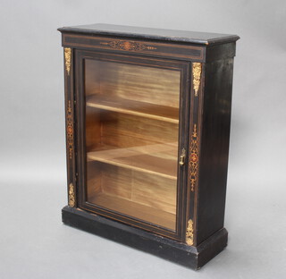 A Victorian inlaid ebonised and brass mounted Pier cabinet, fitted shelves enclosed by glazed panelled doors 99cm h x 79cm w x 29cm d 