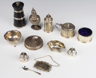 A silver mounted hardwood peppermill Birmingham 1937 and other minor condiments, weighable silver 258 grams 