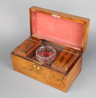 A Victorian mahogany twin compartment tea caddy with associated mixing/sugar bowl, brass plaque to the top monogrammed JNF 1840 15cm x 33cm x 17.5cm 