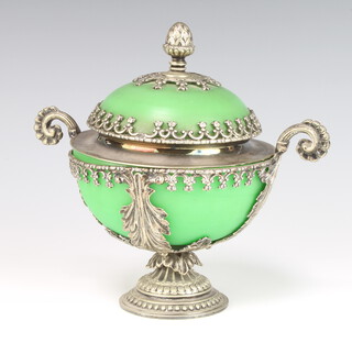 A silver plated mounted Continental green glass bowl and cover with pineapple finial 20cm 