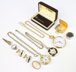 A 9ct yellow gold Masonic tie pin 1 gram, a modern silver pill box, a Jean Pierre plated pocket watch and chain and minor items of costume jewellery 
 