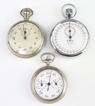 A military issue stopwatch, the back marked 1/5SECC VC/2530 25378 with arrow and F mark, marked 163, together with an L E Mone Precision time division bolt 1/10 stop watch 