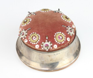 An Edwardian circular silver pin cushion with padded embroidered top Birmingham 1908 11cm 