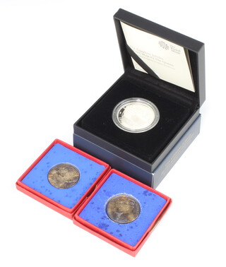 A Sapphire Jubilee of Her Majesty The Queen 2017 five pound silver proof coin, 28 grams, 2 1935 commemorative coins 