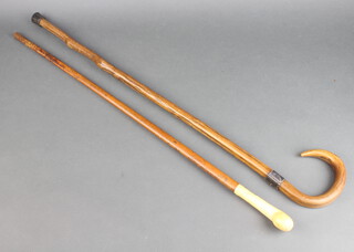 An Edwardian walking cane with an ivory knop and a Victorian walking cane with engraved buckle band 