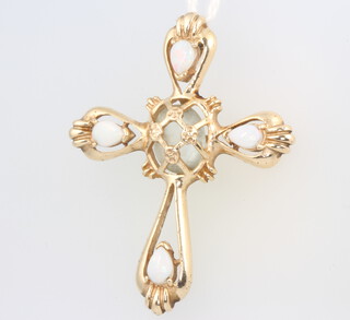 A 14ct yellow gold opal and gem set cross pendant, 6 grams gross, 40mm