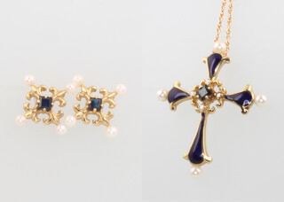 A 14ct yellow gold enamelled and seed pearl cross pendant and chain with matching earrings