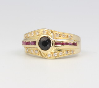 An 18ct yellow gold sapphire, ruby and diamond ring, 5 grams, size K 1/2