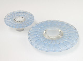 A Lalique Dahlia pattern two section candle holder with stylised blue petals etched R LALIQUE 15cm 