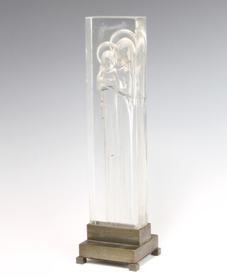 A Lalique clear glass table lamp "Vierge a L'enfant Jesus" decorated with a figure of Mary and christ child, etched R LALIQUE FRANCE, raised on a bronze stepped base, no.12014 38.5cm 