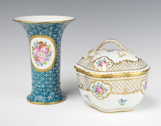 A modern Dresden spill vase with flared rim decorated with panels of spring flowers 17cm, a ditto bowl and cover with rustic handle and panels of spring flowers 12cm 