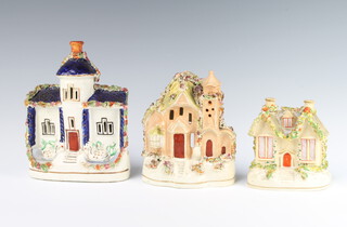 A Victorian Staffordshire cottage 10cm, a ditto pastel burner 16cm and a cottage 18cm 