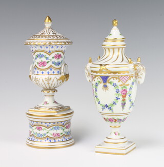 A modern Dresden 2 handled urn and cover raised on a circular base decorated with spring flowers 20cm, ditto Adam style vase and cover with rams head handles 20cm 