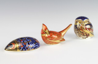 A Royal Crown Derby Imari pattern paperweight bug with gold stopper 12cm, ditto American Cardinal gold stopper 7cm and an Owl silver stopper 8cm 
