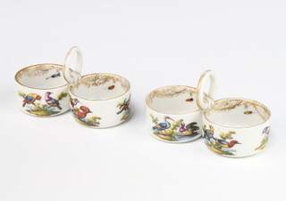 A pair of late 19th Century Meissen 2 division table salts with ring handles decorated with birds 9cm 