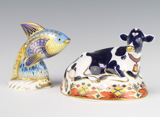 A Royal Crown Derby Imari pattern paperweight Friesian Cow Buttercup with gold stopper 15cm, ditto Guppy gold stopper 13cm  