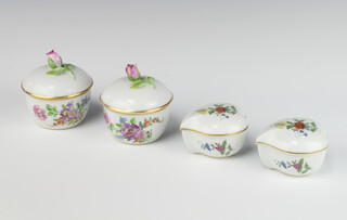 A Dresden heart shaped box and cover decorated with flowers 6cm, ditto 6cm and 2 circular pots and covers decorated with flowers and flower finials 7cm 