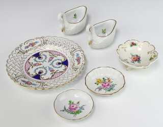 A Dresden plate decorated with flowers 17cm, 3 ditto dishes 9cm and a pair of swan bowls with floral interiors 12cm 
