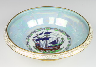 A Mintons lustre bowl decorated with a galleon 29cm 