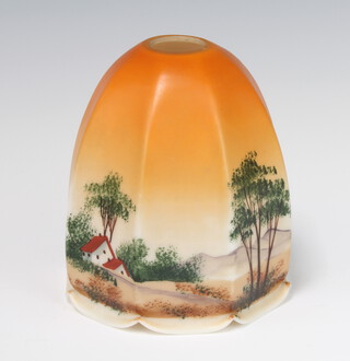 A 1930's painted glass lamp shade decorated with cottages 14cm 
