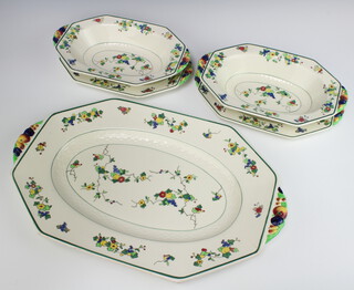 A Royal Doulton floral decorated octagonal meat plate, 2 smaller ditto and 2 dishes, the handles decorated with fruits