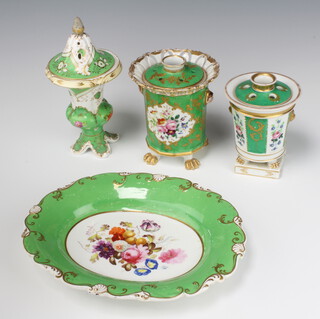 A 19th Century Paris Porcelain potpourri, the green ground decorated with panels of birds and flowers on claw feet 14cm, ditto 12cm, a Coalbrookdale style oval dish decorated with flowers (riveted) and a ditto pot pourri decorated flowers 20cm 