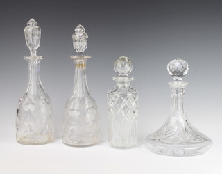A cut glass ships decanter and stopper 26cm, pair of decanters and 1 other 