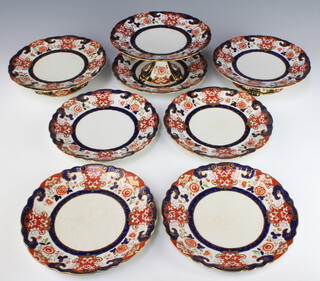 A 19th Century part dessert service decorated in the Imari pattern comprising 5 plates, 3 tazzas