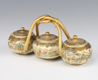 A late 19th century Japanese Satsuma 3 section run of lidded bowls with lids and entwined gilt handle, the base decorated with panels of flowers and figures 21cm 