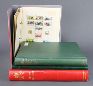 A red Windsor album of mint and used GB stamps, Victoria to Elizabeth II including a penny black and 2 penny blues, a green album of GB and Commonwealth stamps, a stock book of GB Channel Island stamps and an album of Jersey and Isle of Man stamps 