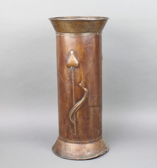 An Art Nouveau cylindrical embossed brass stick stand raised on a spreading foot 57cm h x 25cm 
