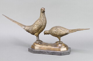 A 20th Century bronze figure group of 2 pheasants raised on an octagonal marble base 32cm h x 67cm w x 17cm d 