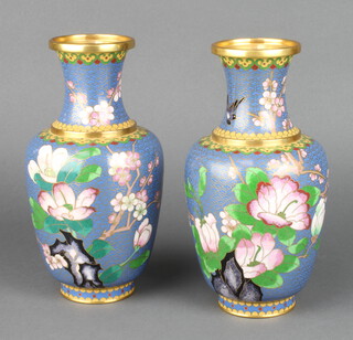 A pair of blue and floral patterned club shaped cloisonne vases 23cm h x 6cm 