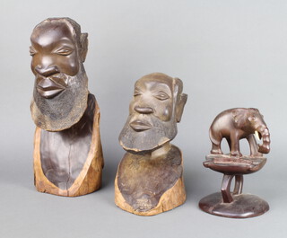 An African carved hardwood head and shoulders bust of a bearded gentleman 38cm x 16cm, 1 other 24cm x 40cm and a carved African hardwood figure of an elephant 19cm x 14cm (1 tusk missing) 