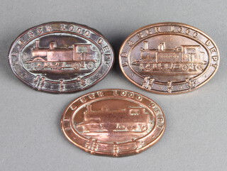 A London, Brighton and South Coast Railways oval copper loco department badge 6cm (luggs missing to the reverse) together with 2 other London, Brighton and South Coast Railways loco department badges (possibly reproductions) 