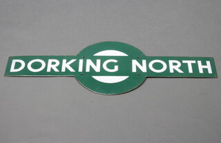 A Southern Railways green and white enamelled station sign for Dorking North, the reverse marked Mead McLean & Co Ltd London  33cm h x 92cm w 
