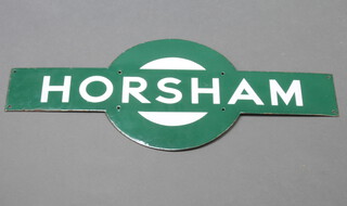 A Southern Railways green and white enamelled station sign for Horsham, the reverse marked Mead McLean & Co Ltd London 34cm h x 76cm w 
 