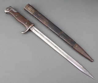 A German Mauser bayonet, the blade marked CG Haenel Suhl complete with leather scabbard 