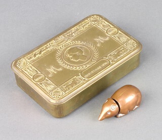 A copper vesta case in the form of a mouse 5cm x 2cm, the base marked Deponist? (tail missing), together with a Princess Mary gift tin 