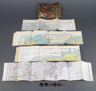 A Second World War escape and evasion compass 1.5cm together with 3 escape maps 43/A - France Northwest, Belgium West and Central Holland part of, 43/C - Holland, Belgium except West Coast, France North East, Germany West and Central, 43/E - Germany, Protectorate, Slovakia, Poland, Hungary and 1 other S2/S3 - Turkey and Greece 