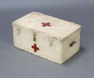 A military style rectangular metal twin handled first aid box with hinged lid, the interior divided into 3 sections 21cm h x 50cm w x 30cm d 