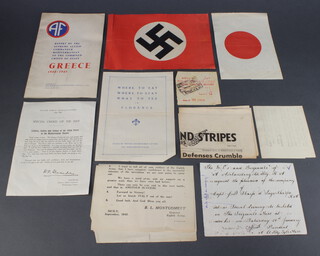 A Nazi German Swastika paper flag 24cm x 17cm, ditto Japanese flag 14cm x 20cm, Airborne Forces guide to Greece 1940-45 and a small collection of ephemera 