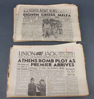 Ten editions of "8th Army News" 11th September 1943, 13th September 1943, 15th September 1943, 24th December 1943, 5th May 1944, 15th May 1944, 22nd, 26th May 1944, 27th May 1944 and 16th June 1944, 1 edition of "Crusader" 28th May 1944, 3 editions of "The Stars and Stripes" August 15th 1944, August 20th 1944 and May 2nd 1945, sixteen editions of "Union Jack" 26th May, 27th May, 16th August, 20th December, 21st December and 27th December 1944, 2nd February, 6th February, 6th March, 2nd April, 30th April, 1st May, 2nd May, 3rd May, 4th May, 6th May 1945  
