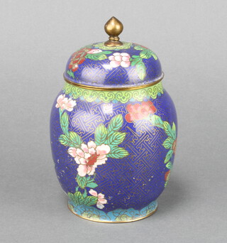 A blue ground and floral patterned cloisonne enamelled jar and cover 16cm x 6cm 